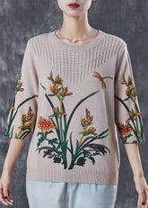 DIY Beige Oversized Print Stricktops Frühling